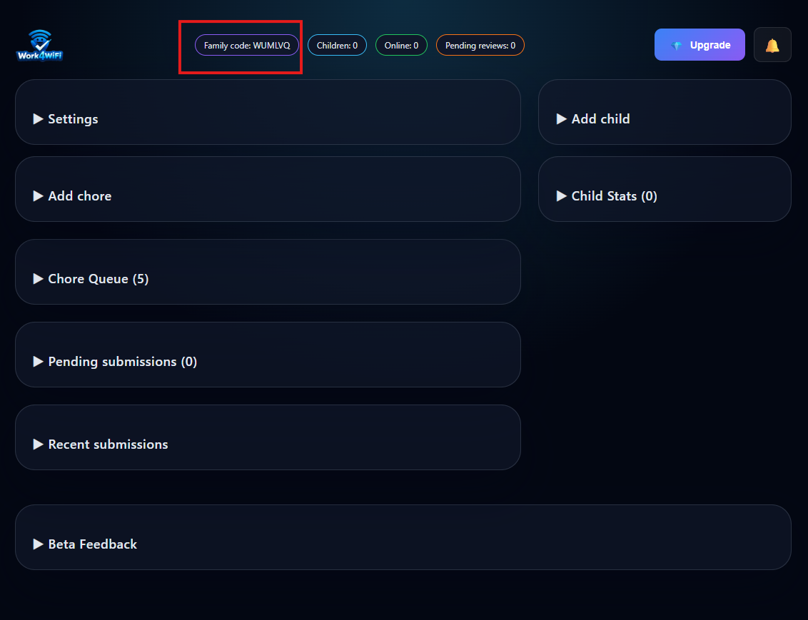 Family code on dashboard